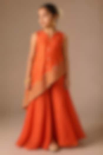 Burnt Orange Silk Sequins Embroidered Asymmetrical Kalidar Kurta Set For Girls by DISHA MUCHHALA KIDS at Pernia's Pop Up Shop