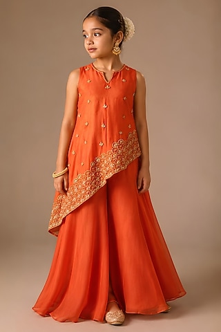 Burnt Orange Silk Sequins Embroidered Asymmetrical Kalidar Kurta Set For Girls by DISHA MUCHHALA KIDS