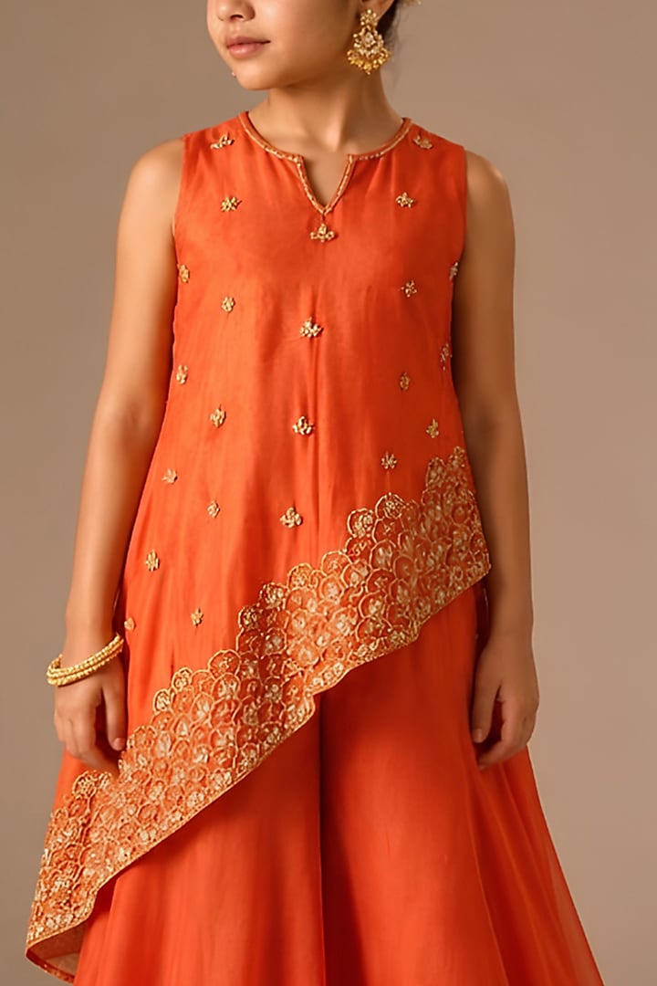 Burnt Orange Silk Sequins Embroidered Asymmetrical Kalidar Kurta Set For Girls by DISHA MUCHHALA KIDS at Pernia's Pop Up Shop