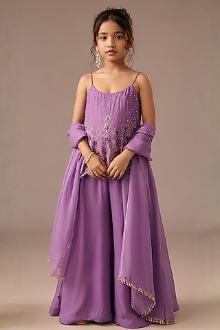 Purple Silk Sequins Embroidered Kurta Set For Girls by DISHA MUCHHALA KIDS