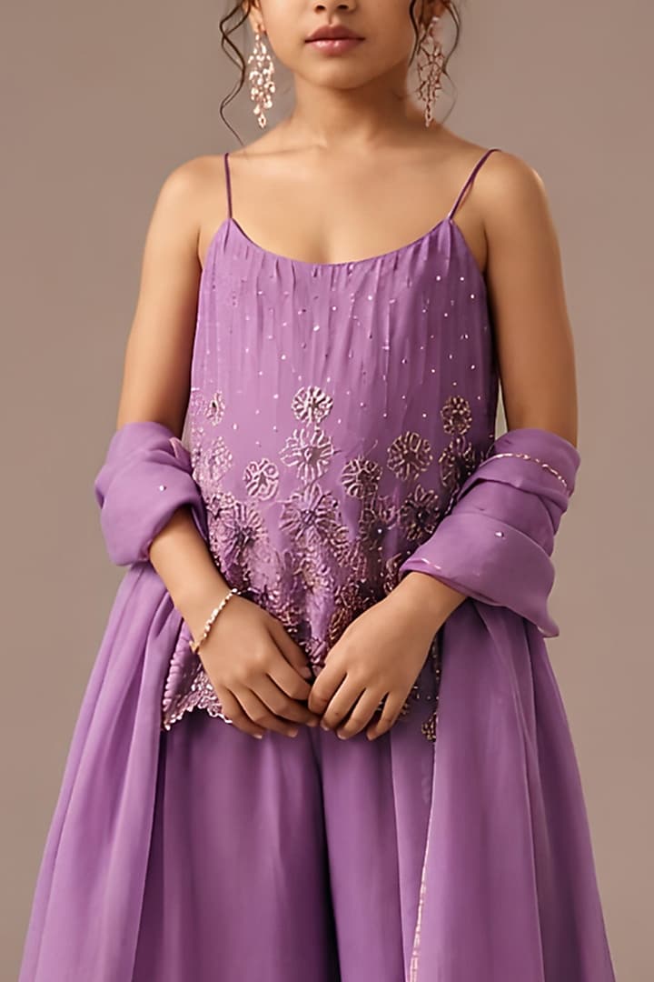 Purple Silk Sequins Embroidered Kurta Set For Girls by DISHA MUCHHALA KIDS at Pernia's Pop Up Shop
