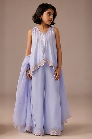 Powder Blue Silk Sequins Embroidered Kurta Set For Girls by DISHA MUCHHALA KIDS
