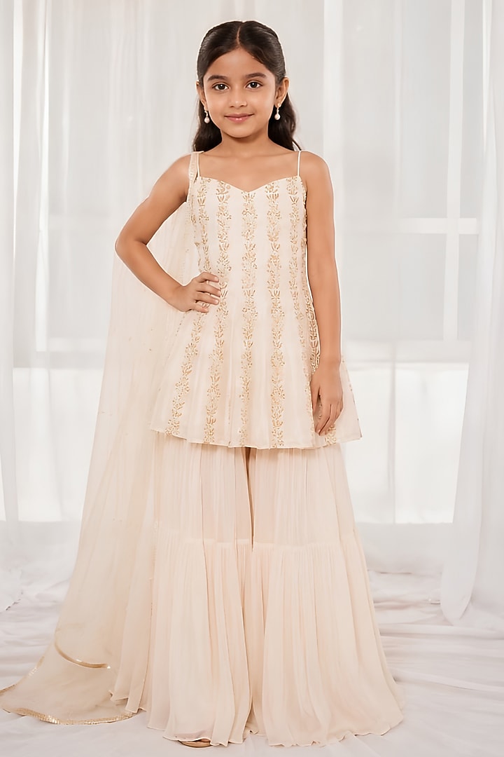 Ivory Georgette Zardosi Embroidered Sharara Set For Girls by DISHA MUCHHALA KIDS at Pernia's Pop Up Shop