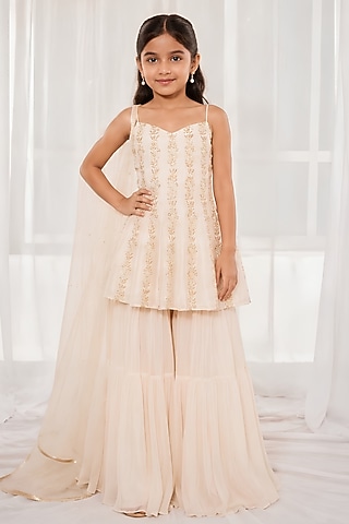 Ivory Georgette Zardosi Embroidered Sharara Set For Girls by DISHA MUCHHALA KIDS