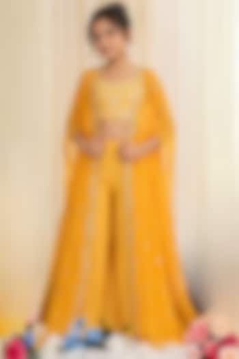 Mustard Chiffon Zardosi Embroidered Pant Set For Girls by DISHA MUCHHALA KIDS at Pernia's Pop Up Shop