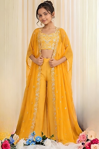 Mustard Chiffon Zardosi Embroidered Pant Set For Girls by DISHA MUCHHALA KIDS