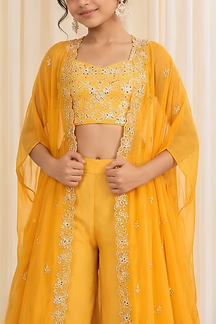 Mustard Chiffon Zardosi Embroidered Pant Set For Girls by DISHA MUCHHALA KIDS at Pernia's Pop Up Shop
