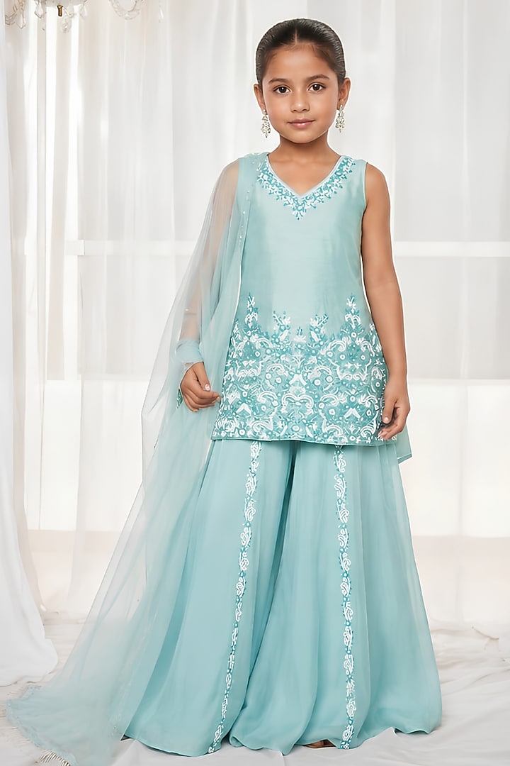 Candy Blue Silk Sequins Embroidered Kurta Set For Girls by DISHA MUCHHALA KIDS at Pernia's Pop Up Shop