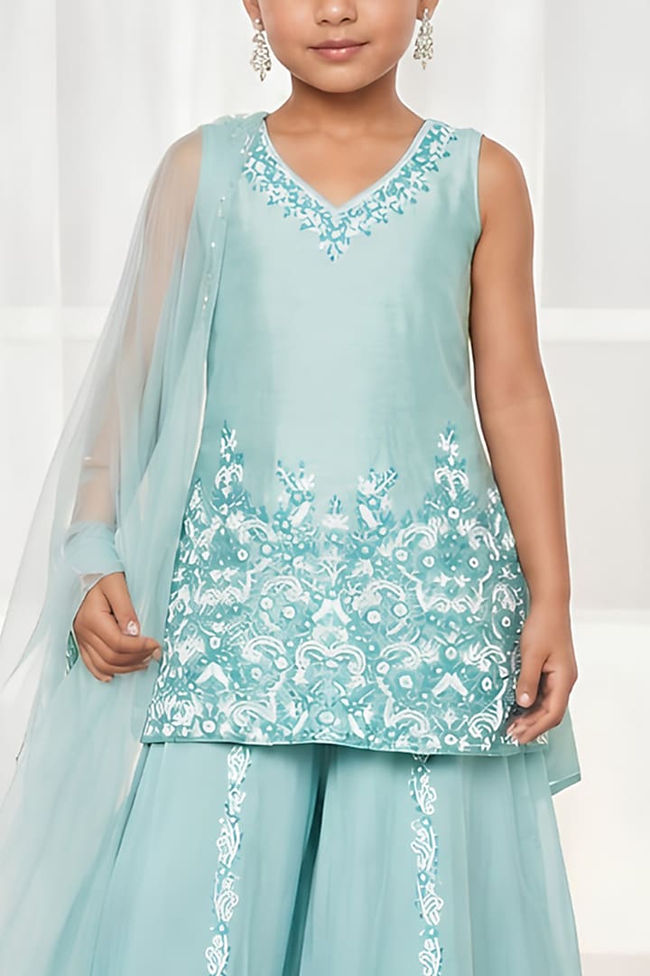 Candy Blue Silk Sequins Embroidered Kurta Set For Girls by DISHA MUCHHALA KIDS at Pernia's Pop Up Shop