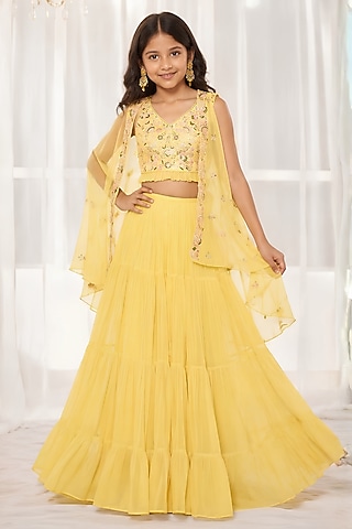 Lime Green Georgette Sequins Embroidered Sharara Set For Girls by DISHA MUCHHALA KIDS