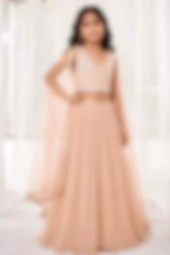 Blush Pink Wrinkle Chiffon Cutdana Embroidered Lehenga Set For Girls by DISHA MUCHHALA KIDS at Pernia's Pop Up Shop