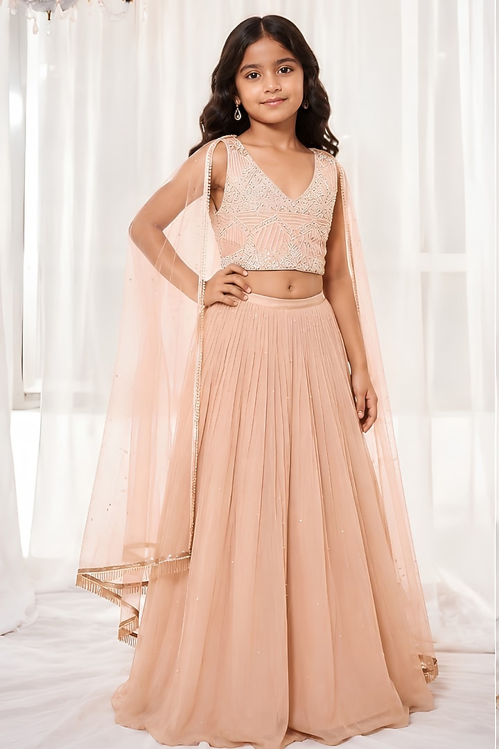 Blush Pink Wrinkle Chiffon Cutdana Embroidered Lehenga Set For Girls by DISHA MUCHHALA KIDS at Pernia's Pop Up Shop
