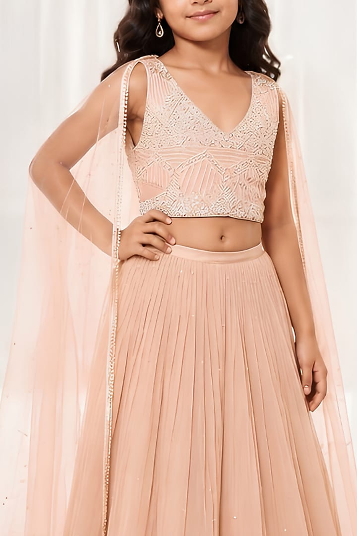 Blush Pink Wrinkle Chiffon Cutdana Embroidered Lehenga Set For Girls by DISHA MUCHHALA KIDS at Pernia's Pop Up Shop