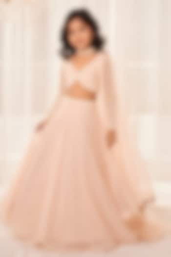 Dusty Beige Organza Pearl Embroidered Lehenga Set For Girls by DISHA MUCHHALA KIDS at Pernia's Pop Up Shop