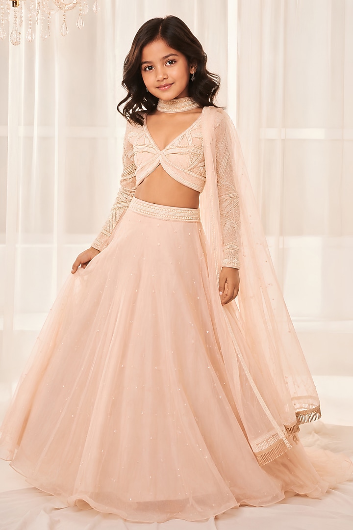 Dusty Beige Organza Pearl Embroidered Lehenga Set For Girls by DISHA MUCHHALA KIDS at Pernia's Pop Up Shop