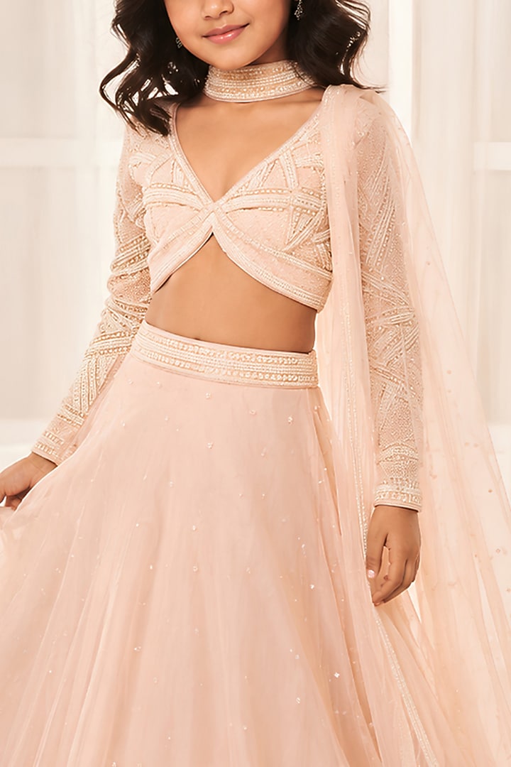 Dusty Beige Organza Pearl Embroidered Lehenga Set For Girls by DISHA MUCHHALA KIDS at Pernia's Pop Up Shop