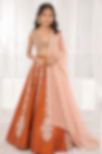 Burnt Orange Dupion Silk Resham Embroidered Lehenga Set For Girls by DISHA MUCHHALA KIDS at Pernia's Pop Up Shop
