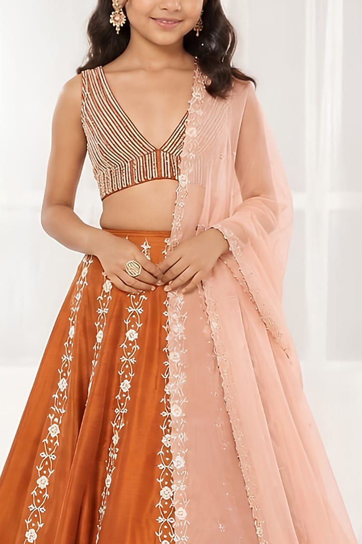 Burnt Orange Dupion Silk Resham Embroidered Lehenga Set For Girls by DISHA MUCHHALA KIDS at Pernia's Pop Up Shop