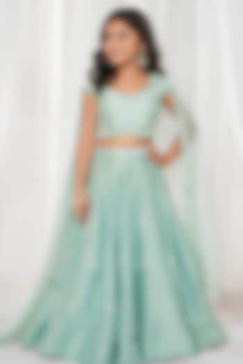 Candy Blue Dupion Silk Resham Embroidered Lehenga Set For Girls by DISHA MUCHHALA KIDS at Pernia's Pop Up Shop