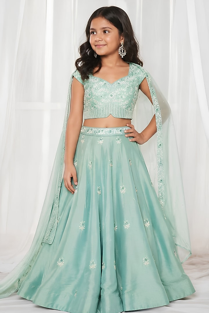 Candy Blue Dupion Silk Resham Embroidered Lehenga Set For Girls by DISHA MUCHHALA KIDS at Pernia's Pop Up Shop