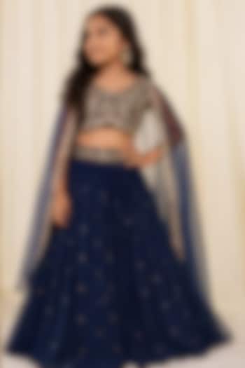Teal Blue Wrinkle Chiffon Sequins Embroidered Lehenga Set For Girls by DISHA MUCHHALA KIDS at Pernia's Pop Up Shop