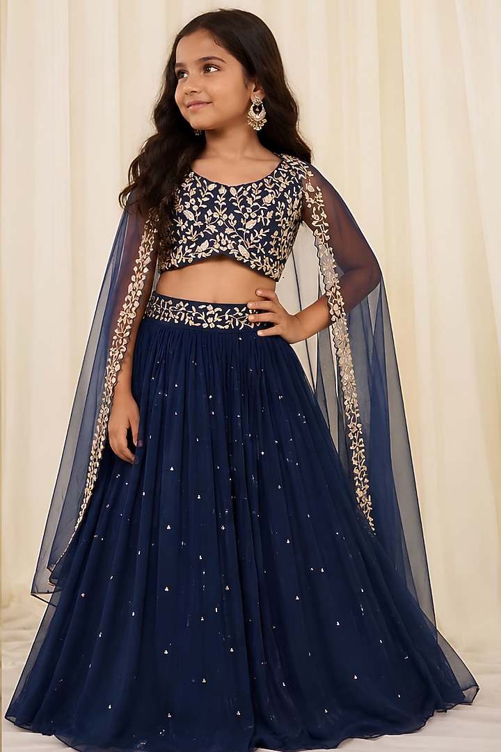 Teal Blue Wrinkle Chiffon Sequins Embroidered Lehenga Set For Girls by DISHA MUCHHALA KIDS at Pernia's Pop Up Shop