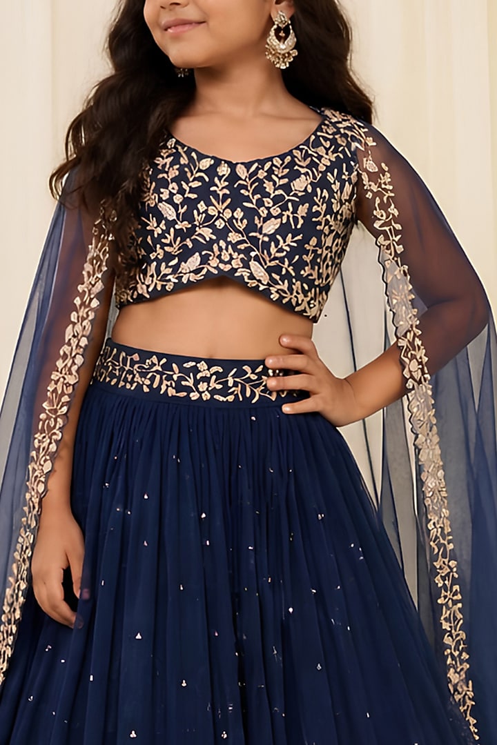 Teal Blue Wrinkle Chiffon Sequins Embroidered Lehenga Set For Girls by DISHA MUCHHALA KIDS at Pernia's Pop Up Shop