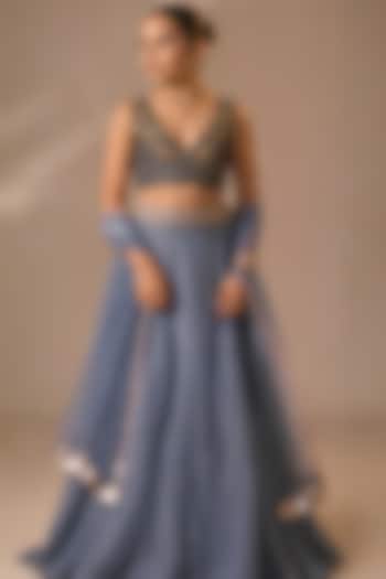 Dusty Blue Satin Organza Sequins Chitta Embroidered Lehenga Set For Girls by DISHA MUCHHALA KIDS at Pernia's Pop Up Shop