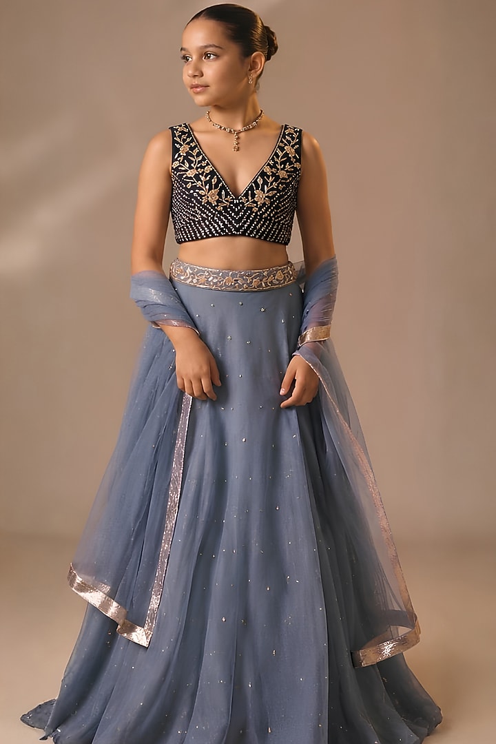 Dusty Blue Satin Organza Sequins Chitta Embroidered Lehenga Set For Girls by DISHA MUCHHALA KIDS at Pernia's Pop Up Shop