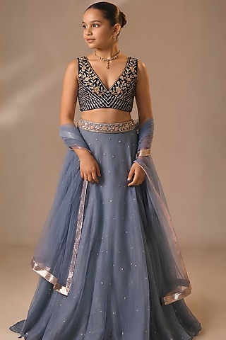 Dusty Blue Satin Organza Sequins Chitta Embroidered Lehenga Set For Girls by DISHA MUCHHALA KIDS