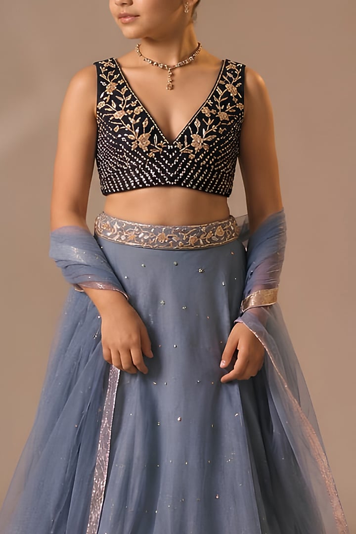 Dusty Blue Satin Organza Sequins Chitta Embroidered Lehenga Set For Girls by DISHA MUCHHALA KIDS at Pernia's Pop Up Shop