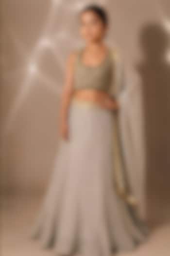 Light Green Satin Organza Sequins Chitta Embroidered Lehenga Set For Girls by DISHA MUCHHALA KIDS at Pernia's Pop Up Shop