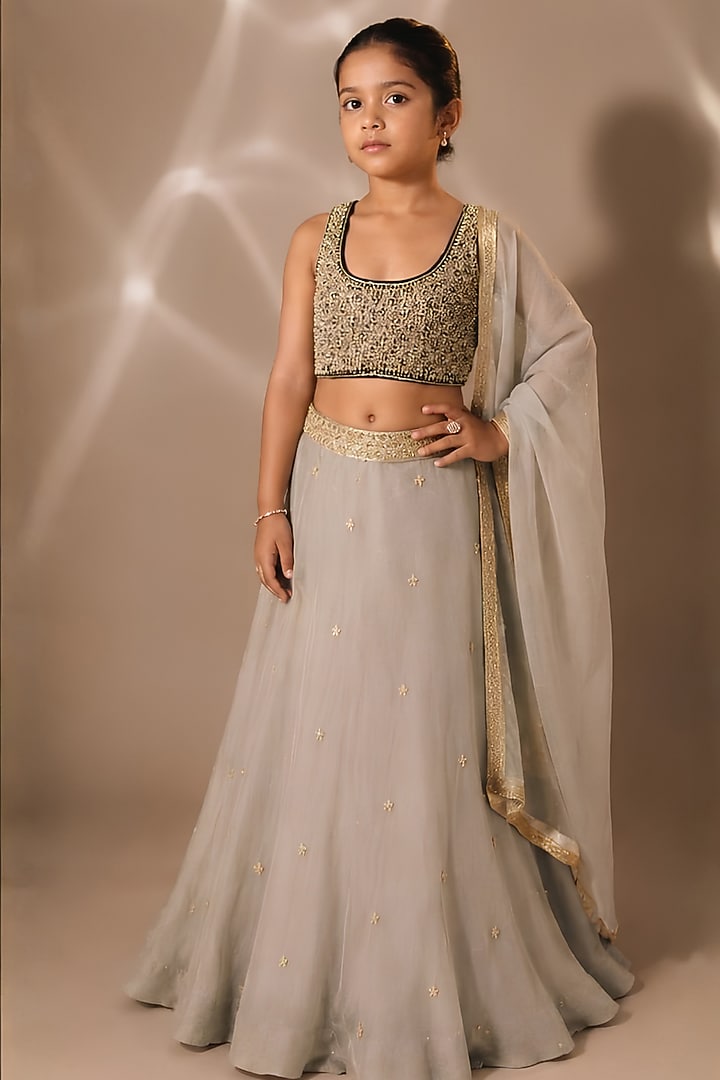 Light Green Satin Organza Sequins Chitta Embroidered Lehenga Set For Girls by DISHA MUCHHALA KIDS at Pernia's Pop Up Shop