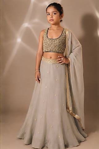 Light Green Satin Organza Sequins Chitta Embroidered Lehenga Set For Girls by DISHA MUCHHALA KIDS