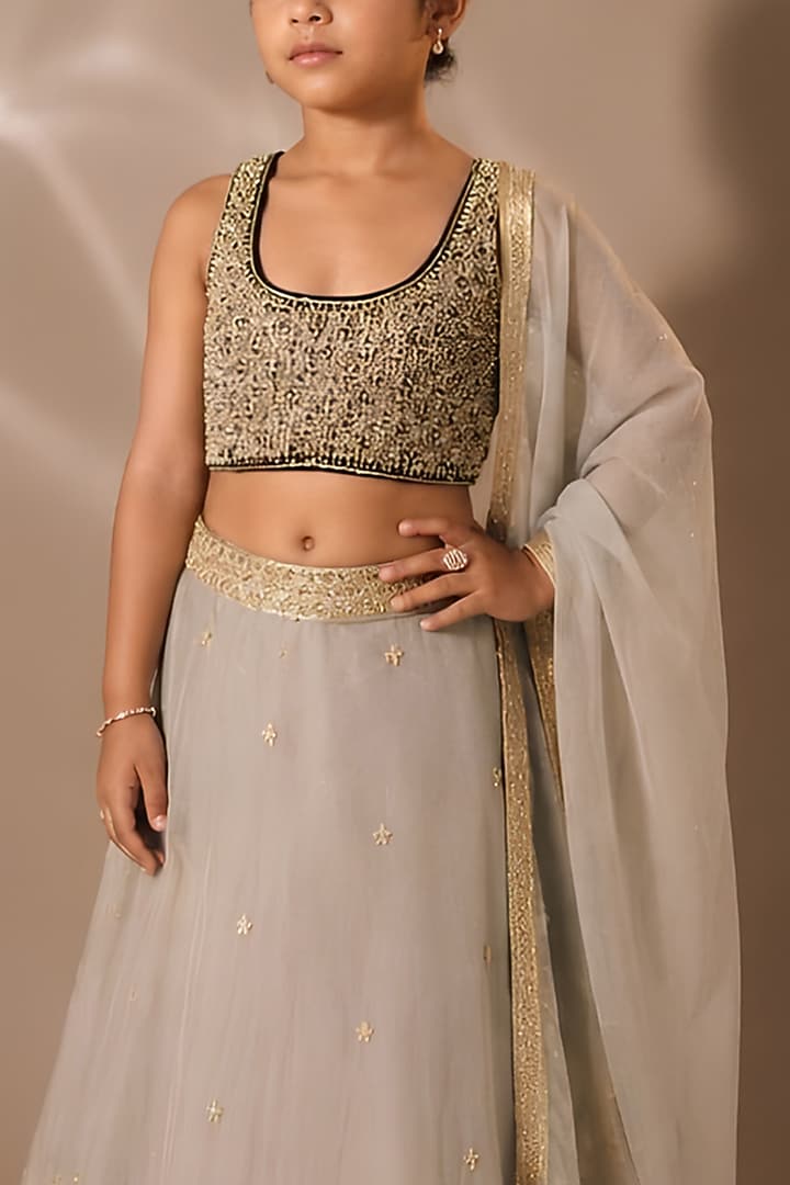 Light Green Satin Organza Sequins Chitta Embroidered Lehenga Set For Girls by DISHA MUCHHALA KIDS at Pernia's Pop Up Shop