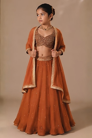 Brown Satin Organza Sequins Embroidered Lehenga Set For Girls by DISHA MUCHHALA KIDS