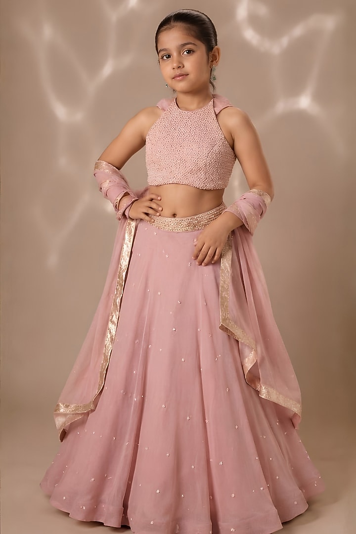 Onion Pink Satin Organza Sequins Chitta Embroidered Lehenga Set For Girls by DISHA MUCHHALA KIDS at Pernia's Pop Up Shop