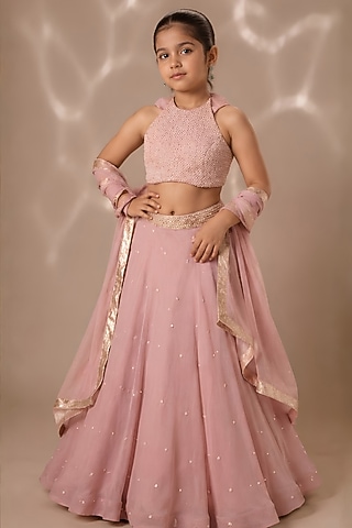 Onion Pink Satin Organza Sequins Chitta Embroidered Lehenga Set For Girls by DISHA MUCHHALA KIDS