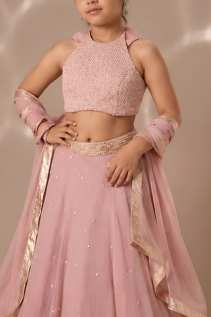 Onion Pink Satin Organza Sequins Chitta Embroidered Lehenga Set For Girls by DISHA MUCHHALA KIDS at Pernia's Pop Up Shop