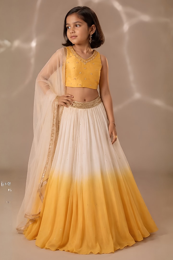 Yellow & Ivory Shaded Chiffon Sequins Chitta Embroidered Lehenga Set For Girls by DISHA MUCHHALA KIDS at Pernia's Pop Up Shop