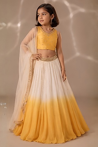 Yellow & Ivory Shaded Chiffon Sequins Chitta Embroidered Lehenga Set For Girls by DISHA MUCHHALA KIDS
