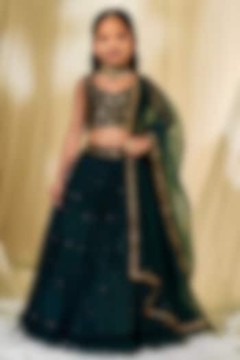 Bottle Green Chiffon Cutdana Embroidered Lehenga Set For Girls by DISHA MUCHHALA KIDS at Pernia's Pop Up Shop
