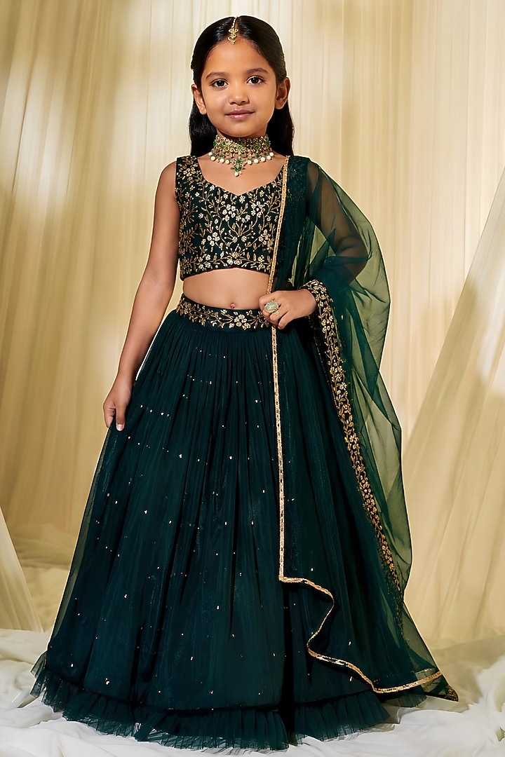 Bottle Green Chiffon Cutdana Embroidered Lehenga Set For Girls by DISHA MUCHHALA KIDS at Pernia's Pop Up Shop