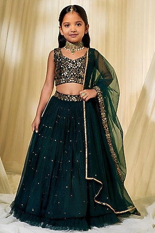 Bottle Green Chiffon Cutdana Embroidered Lehenga Set For Girls by DISHA MUCHHALA KIDS
