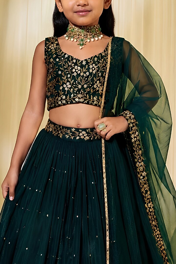 Bottle Green Chiffon Cutdana Embroidered Lehenga Set For Girls by DISHA MUCHHALA KIDS at Pernia's Pop Up Shop