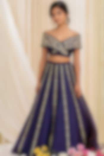 Ink Blue Organza Cutana Embroidered Lehenga Set For Girls by DISHA MUCHHALA KIDS at Pernia's Pop Up Shop