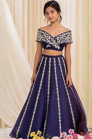 Ink Blue Organza Cutana  Embroidered Lehenga Set For Girls by DISHA MUCHHALA KIDS