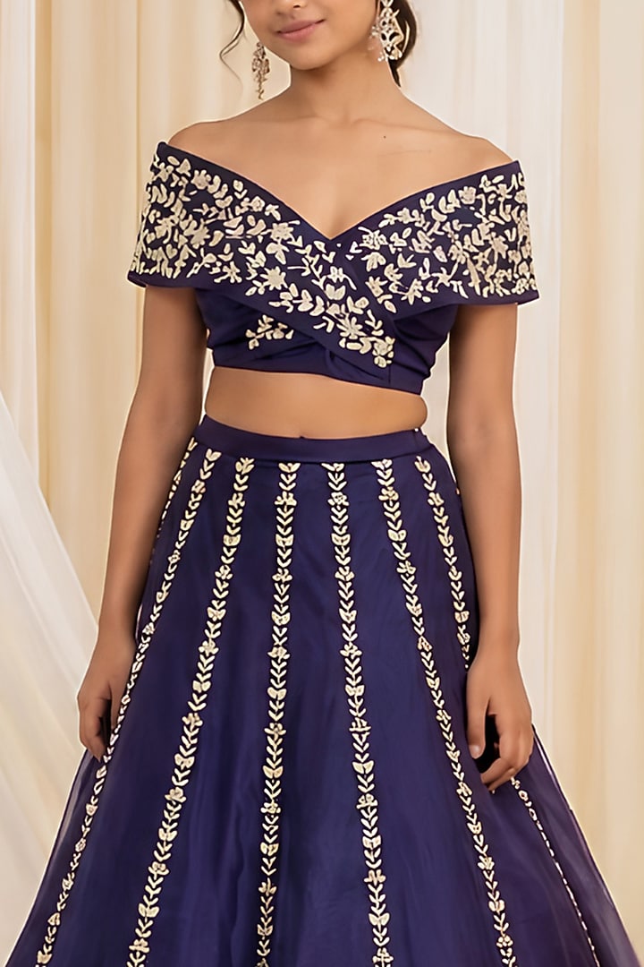 Ink Blue Organza Cutana  Embroidered Lehenga Set For Girls by DISHA MUCHHALA KIDS at Pernia's Pop Up Shop