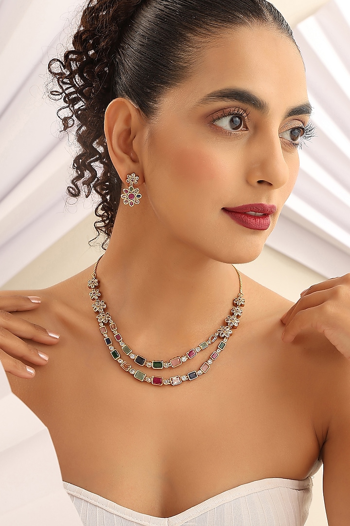 Gold Finish Handcrafted Multi-Colored Stone & Polki Layered Necklace Set by MUDRA LUXE