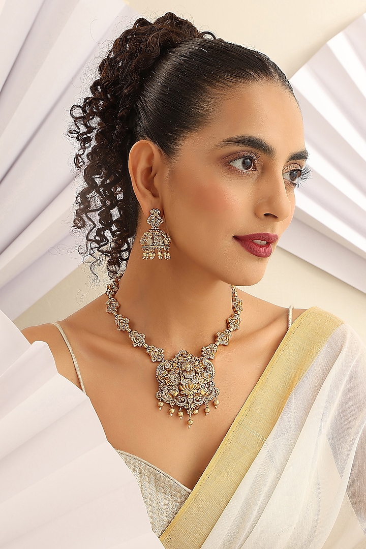 Gold Finish Handcrafted Temple Necklace Set by MUDRA LUXE